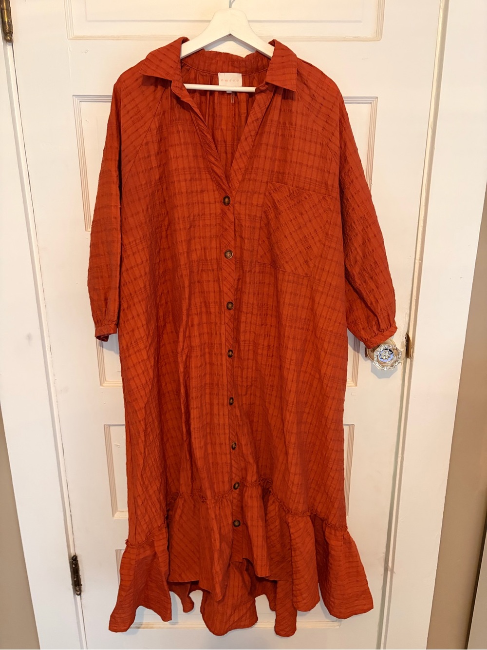 entro Rust-Orange Button-Front Midi Dress with Ruffle Hem